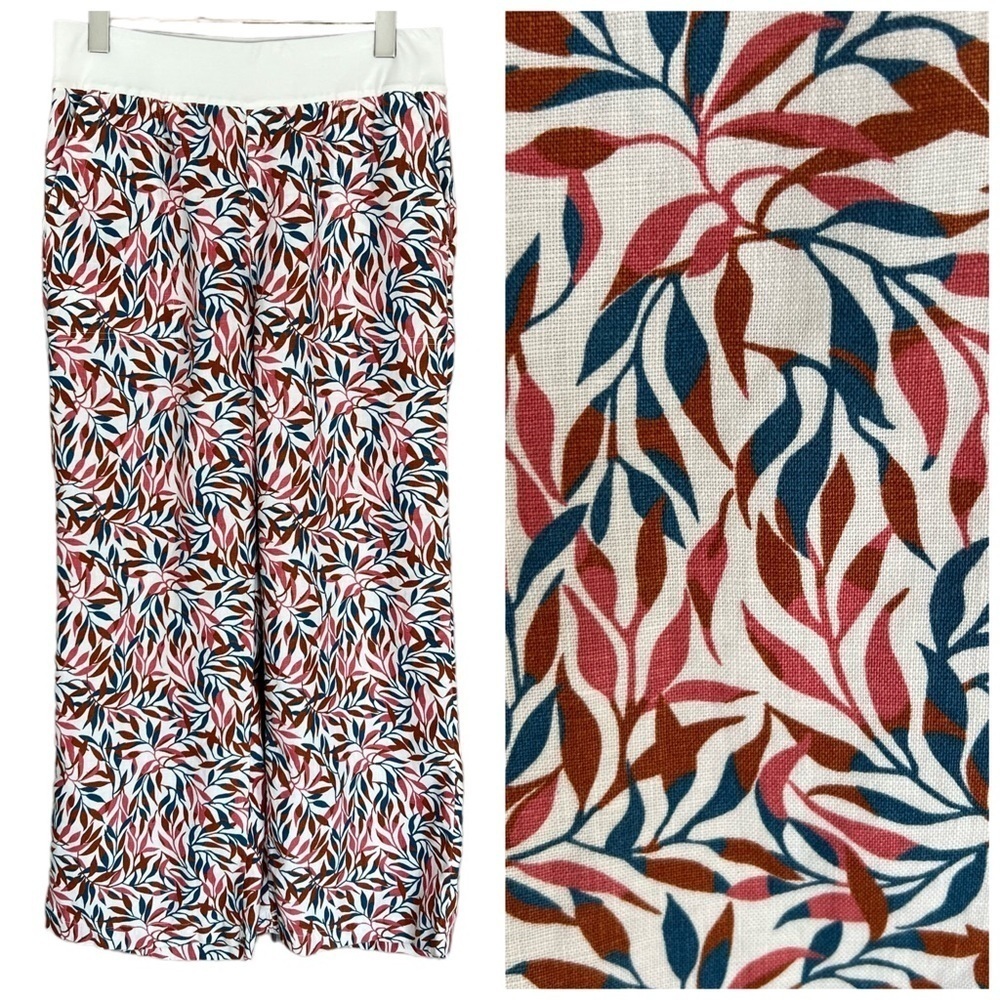 Land’s End Linen Leaf Print Wide Leg Pants Size 12P Elastic Waist